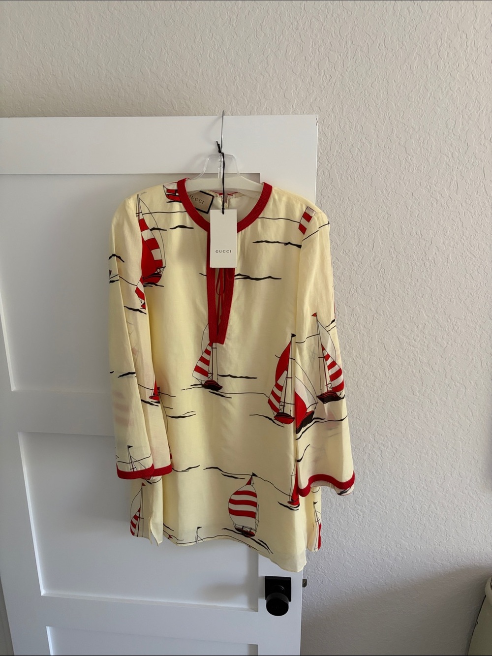 Gucci Cream Sailing-Print Silk Tunic with Red Trim
